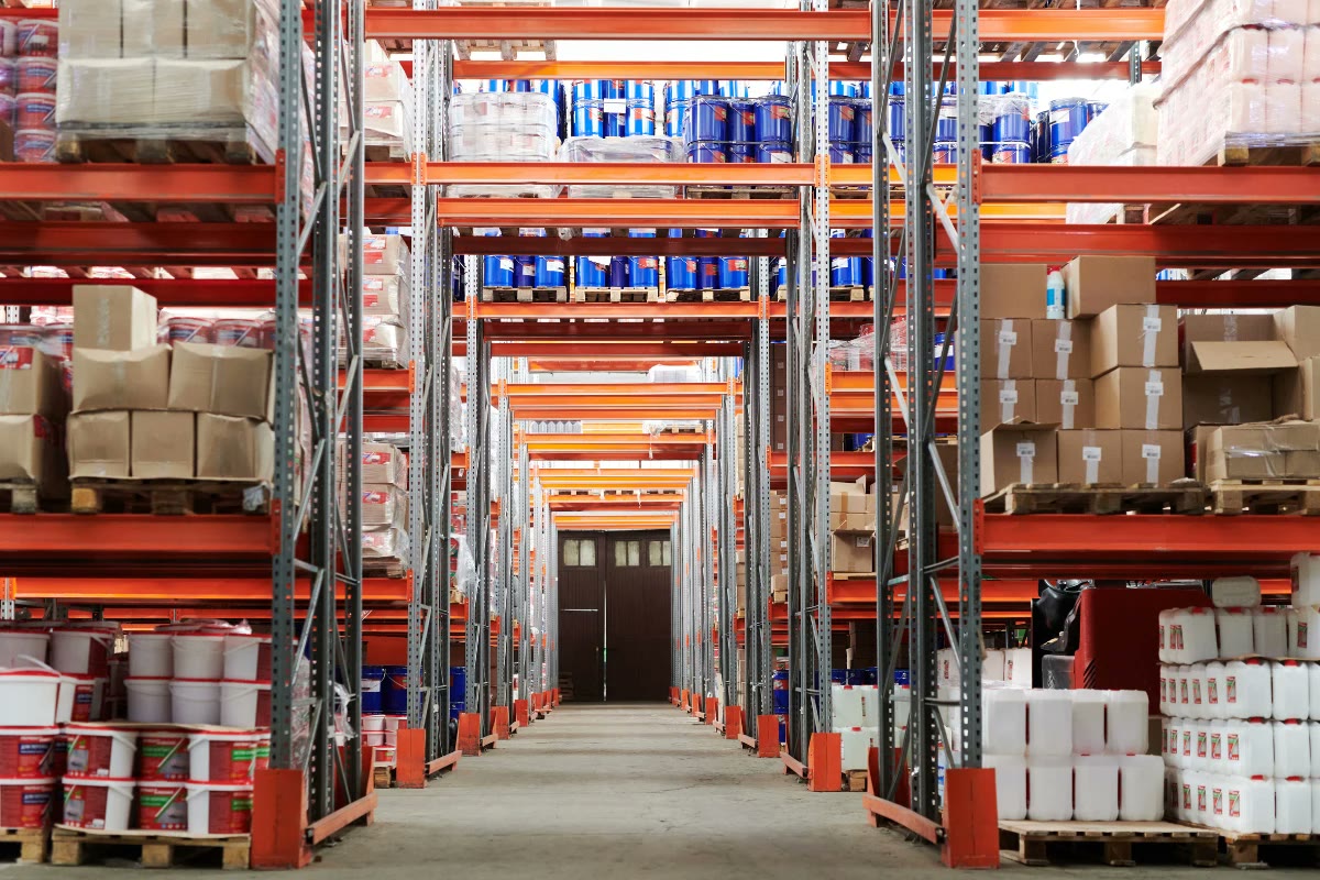 Warehouse racks stocked with packaged consumer products